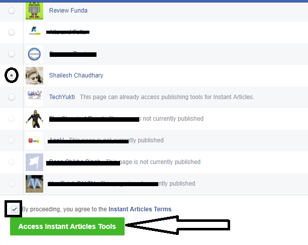 select facebook page for instant articles