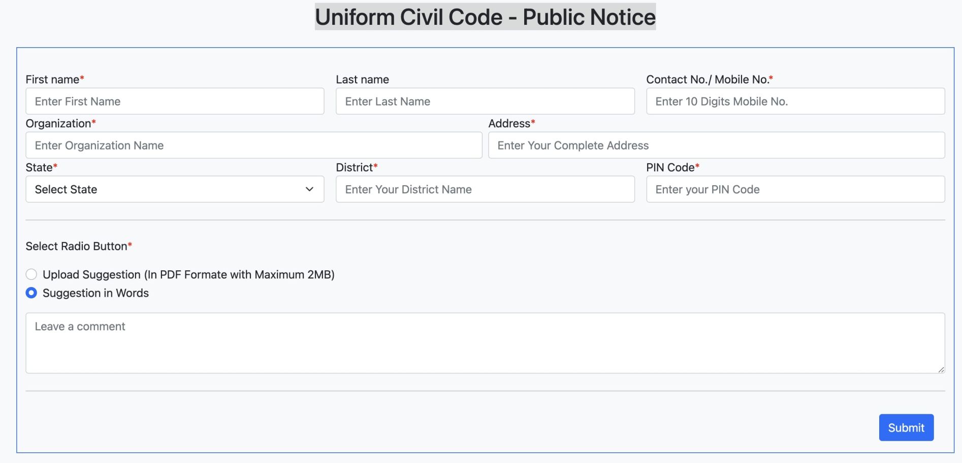 Uniform Civil Code Public Notice
